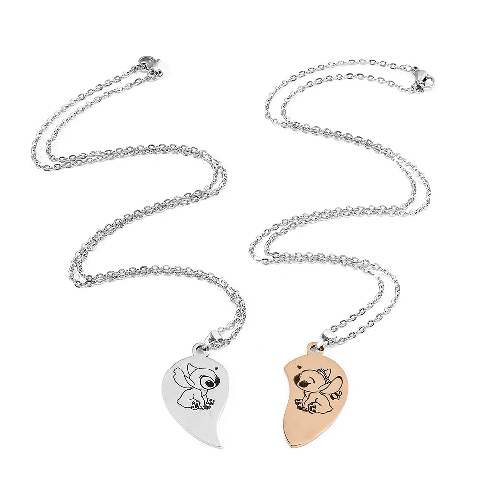 Disney Lilo  Stitch Necklace Stitching Cute Character Stitch Heart Shape Pendant Necklace Couple Jewelry